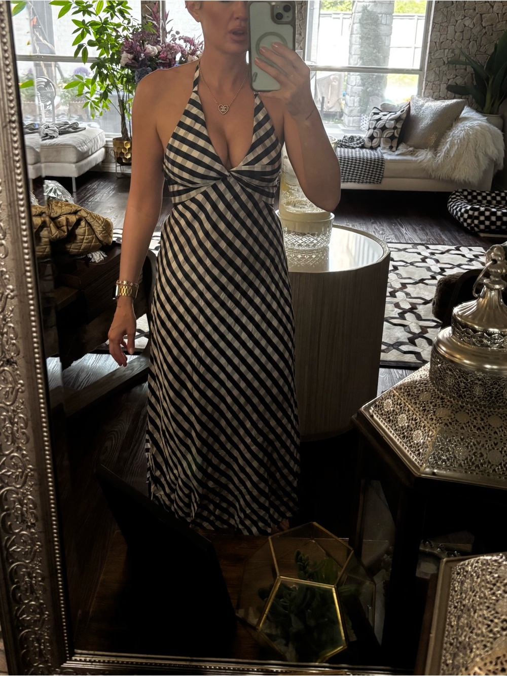A.L.C. Black and White Gingham Halter Maxi Dress